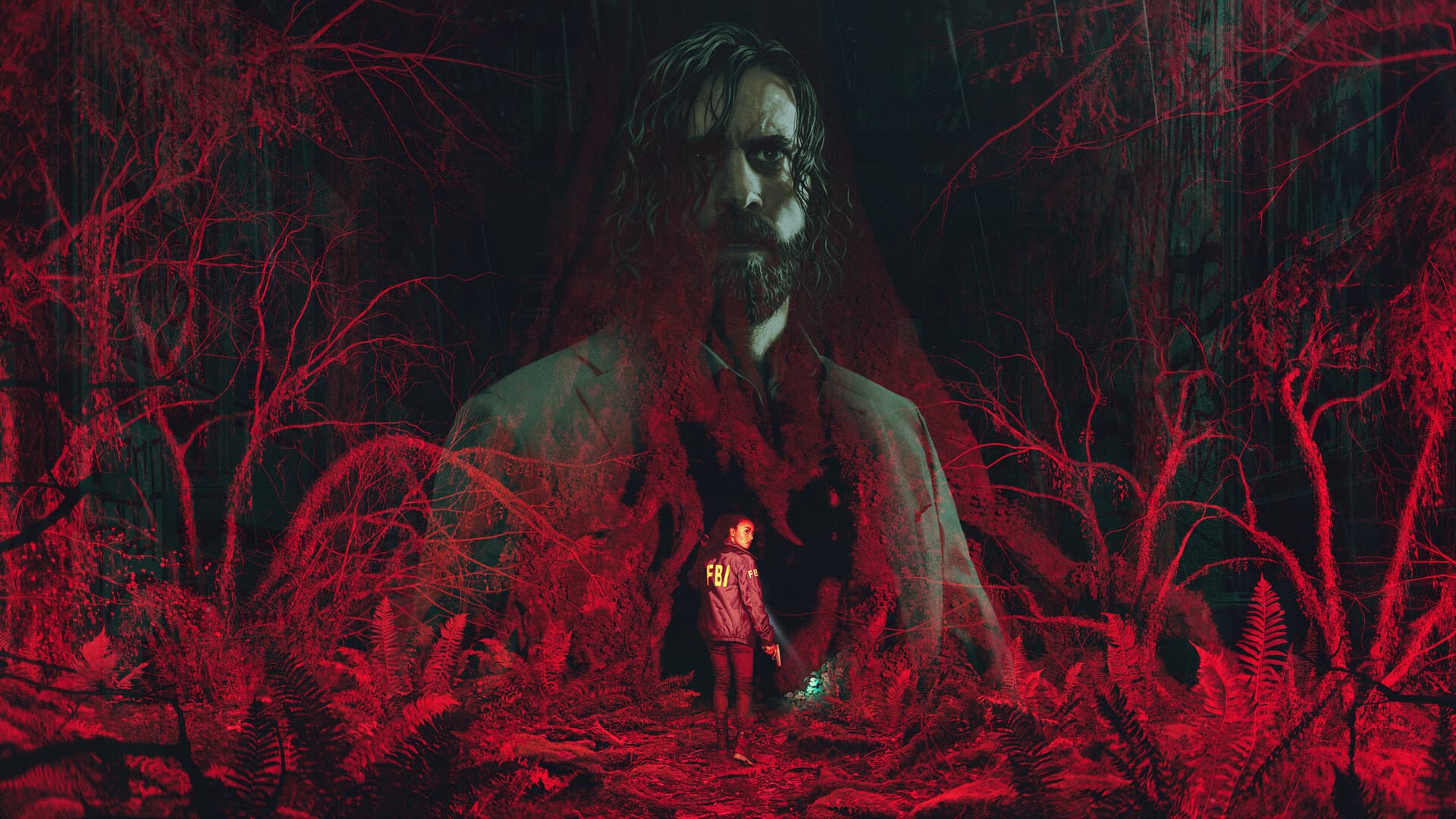 Promotional artwork for Alan Wake II. It depicts a ghostly looking portrait of Alan Wake above Saga Anderson exploring a forest that is covered in red light.